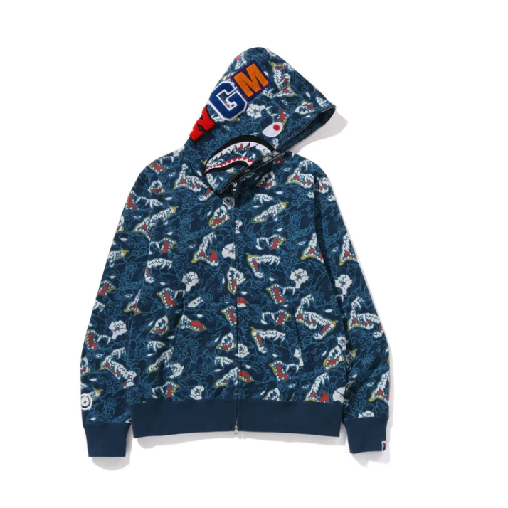 BAPE JAPANESE TATTOO CAMO SHARK FZ HOODIE (Blue)