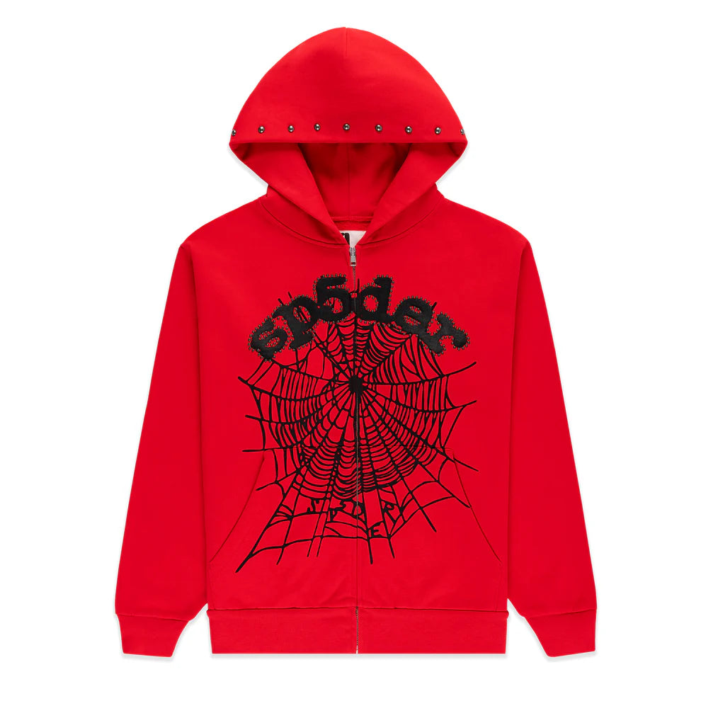 Sp5der OG WEB STUDDED ZIP HOODIE Red